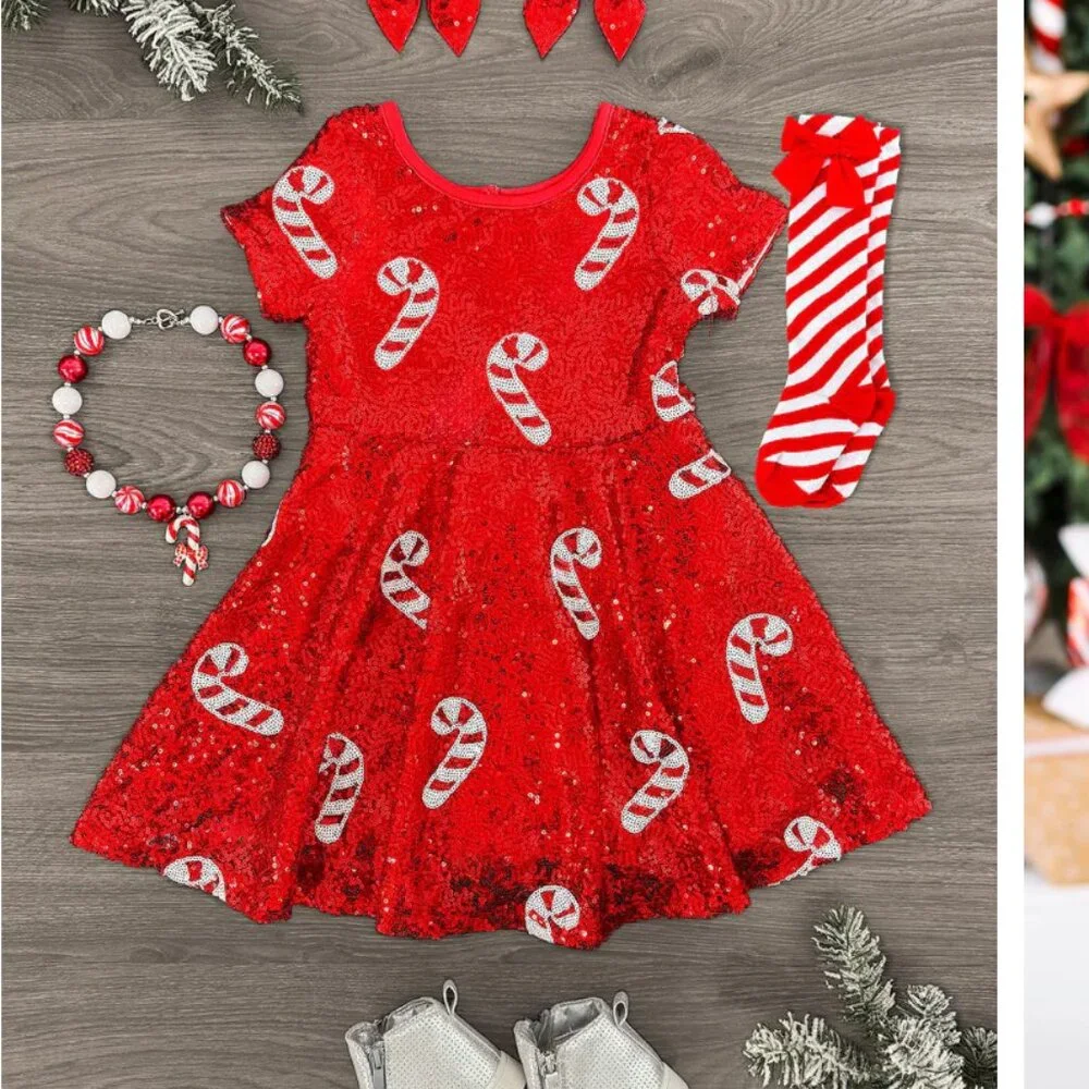 Sparkle in Pink Red Sequin Candy Cane Dress Sister Set Sizes‎ 8/9  10/12